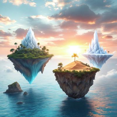 The primary subject of the image is a digital art depiction of a tropical island with a sandy beach and palm trees. The setting is a blue ocean, and the visual style is a combination of digital art and illustration. The colors and mood of the image are vibrant and lively, with a focus on the tropical theme and the sunny atmosphere.